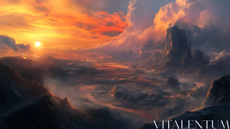 Ember rivers wind beneath stormlit citadel at burning dusk.