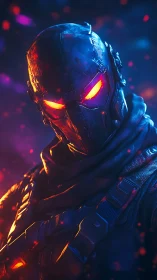 Armored futuristic soldier with glowing eyes stands in embers