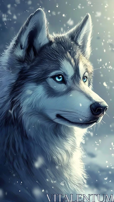 Blue eyed wolf portrait in falling winter snowstorm scene.