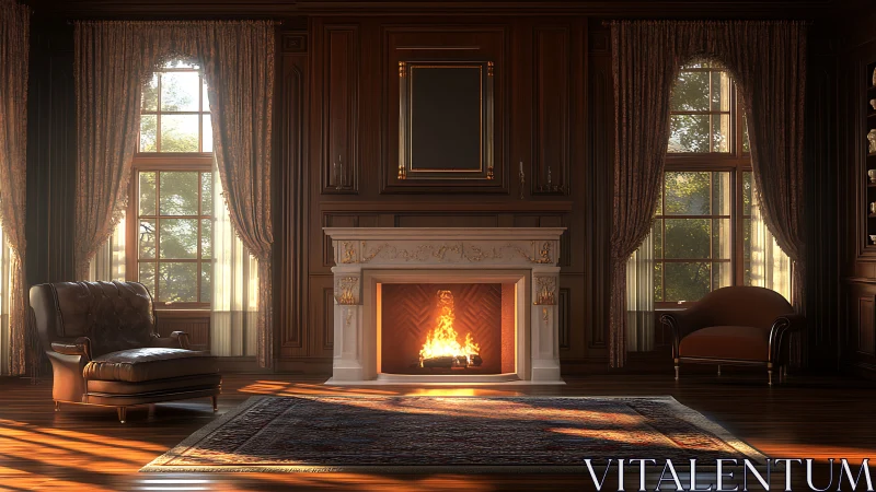 Luxurious neoclassical lounge with sunlit fireplace composition