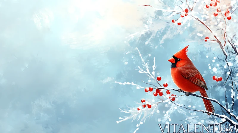 Scarlet cardinal on frosted branch with winter berry accents.