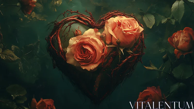 Heart-shaped vine frame holds coral roses against deep teal background