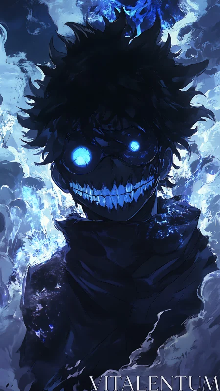 Backlit spectral figure with bioluminescent eyes and grim serrated grin