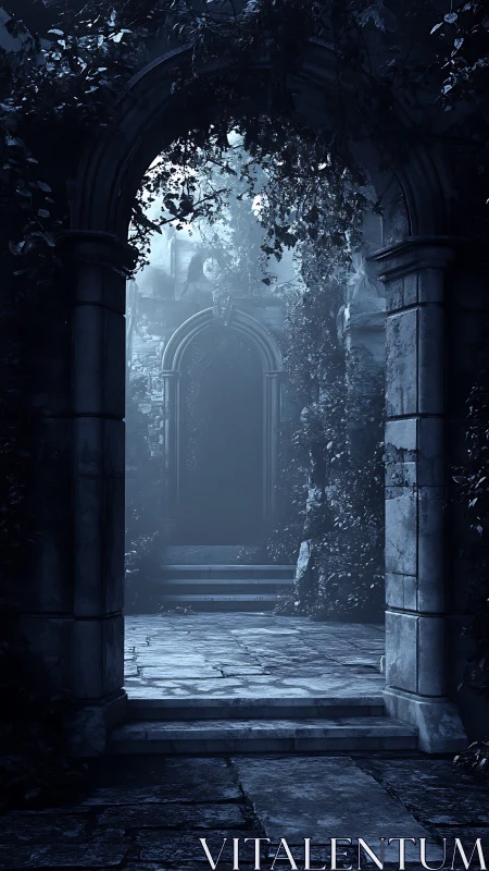 Moonlit stone arch reveals overgrown courtyard passage