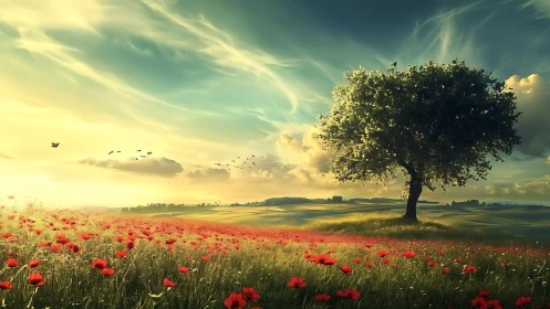 Solitary tree beside red poppy field under wide sky.