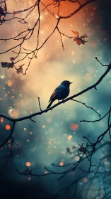 Stargazer crow cradled on twilight branches of ember dusk.