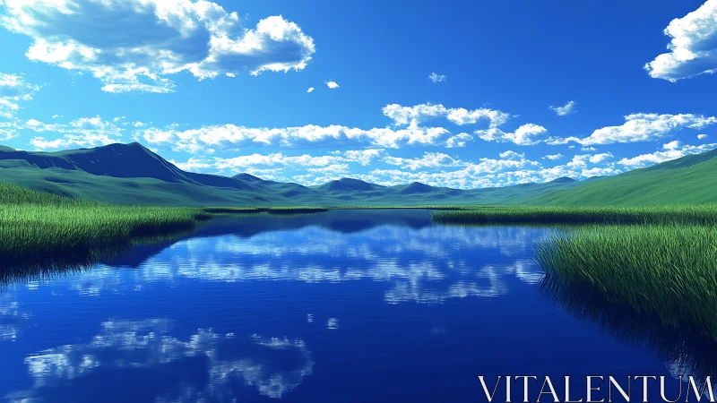 Endless blue lake mirrors soft clouds over quiet green hills