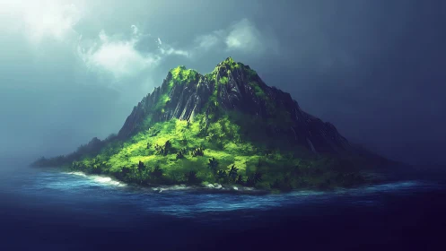 Verdant Island Basalt Formation Emerging From Abyssal Ocean Waters.