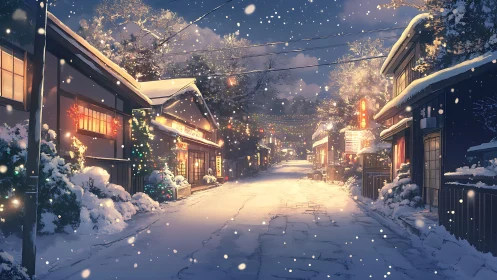 Snowy Japanese street glowing with warm evening lights.