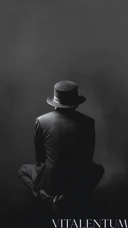 Man in suit and hat sits facing dark empty background