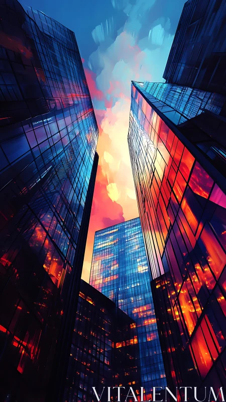 Neon glass towers under blazing sunset sky reflections.