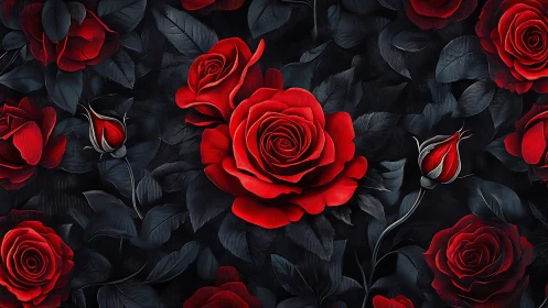 Red Roses with Dark Foliage on Black Background