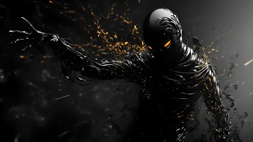 Dark liquid humanoid figure with glowing orange eyes.