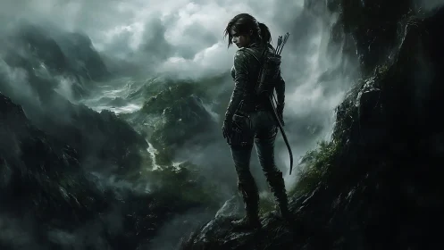 Solitary adventurer surveys stormy, mist-shrouded valley below.