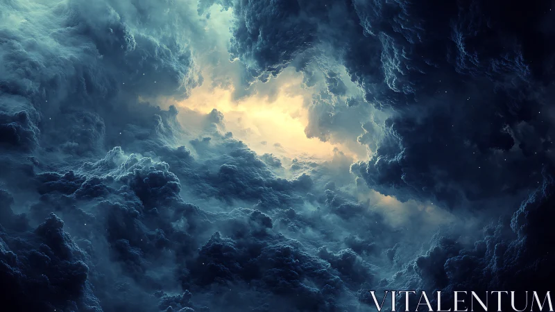 Storm-lit nebula clouds swirl around radiant cosmic core.