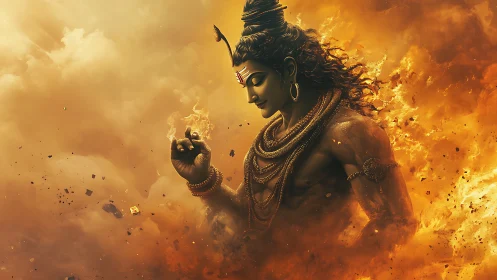 Divine Shiva amid swirling fire clouds in digital glory.