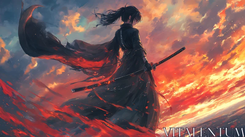 Lone swordswoman stands against a blazing, storm-torn sky