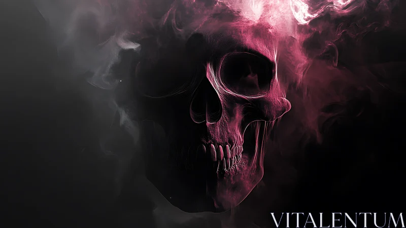 Crimson smoke skull emerging from velvety cosmic shadow.