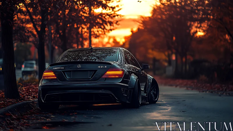 Sleek black car cruising through a warm autumn sunset street.