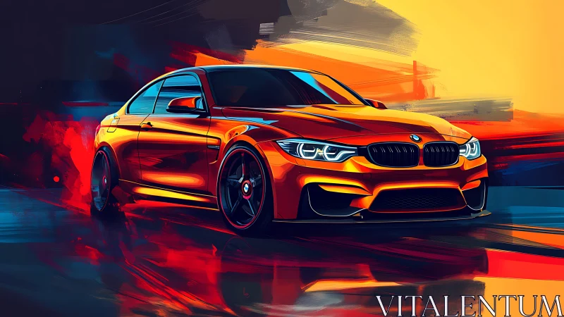 Orange performance coupe slices through neon abstract light.