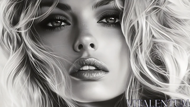 Close-up grayscale digital portrait of woman’s detailed face