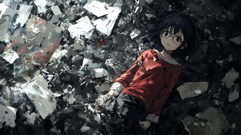 Solitary girl amid scattered papers in muted rubble field.