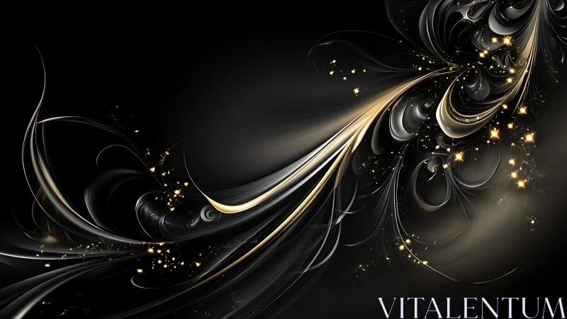 Abstract black and gold flowing fractal light trails.