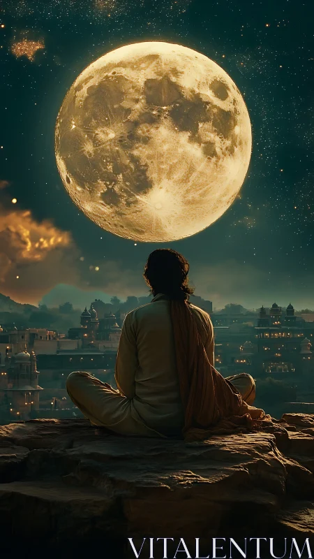 Solitary figure observes oversized moon above illuminated riverside city