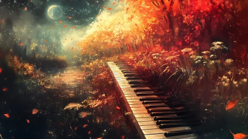 Moonlit forest piano path cuts through glowing autumn foliage