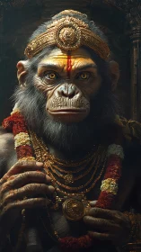 Regal simian deity portrait with ornate gold adornments.