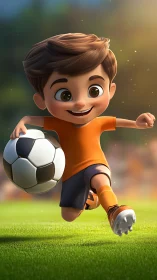 Joyful little soccer star racing across sunny green field.