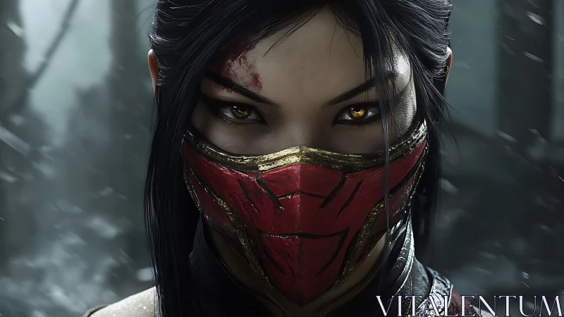 Masked warrior portrait with high-detail ocular specularity.