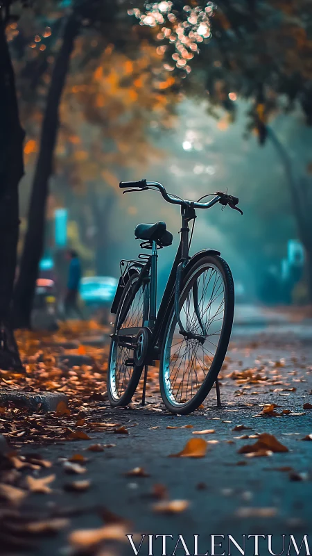 Bicycle parked on street at dusk with urban lighting and autumn foliage