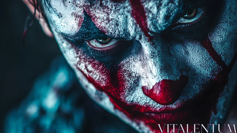 Sinister clown portrait with cracked paint and piercing gaze
