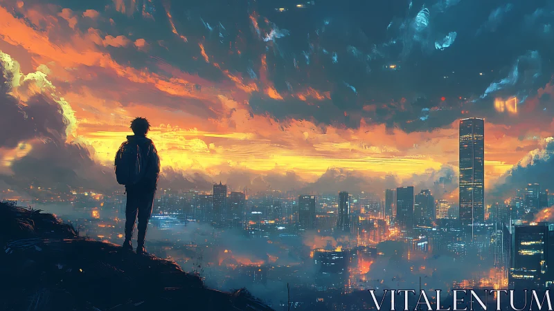 Silhouetted lone figure observing illuminated city skyline.