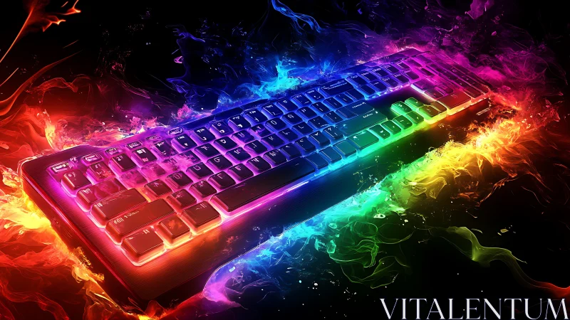 Vibrant RGB gaming keyboard floating in neon firestorm.