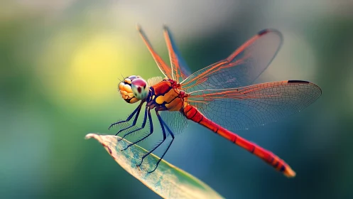 Close view of vivid red dragonfly on green leaf edge.