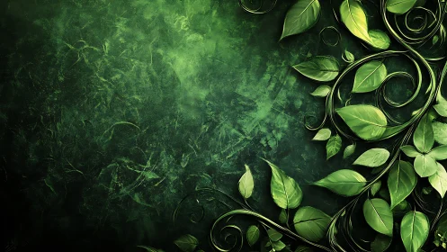 Emerald vines curl across textured green space in quiet balance