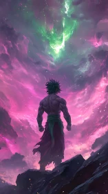 Muscular figure on rocky ledge under vivid cosmic sky.