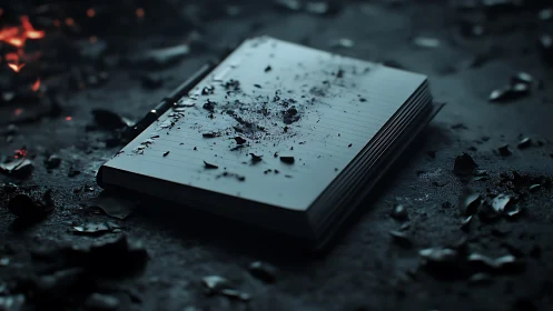 Charred notebook rests in ashes after a smoldering fire.