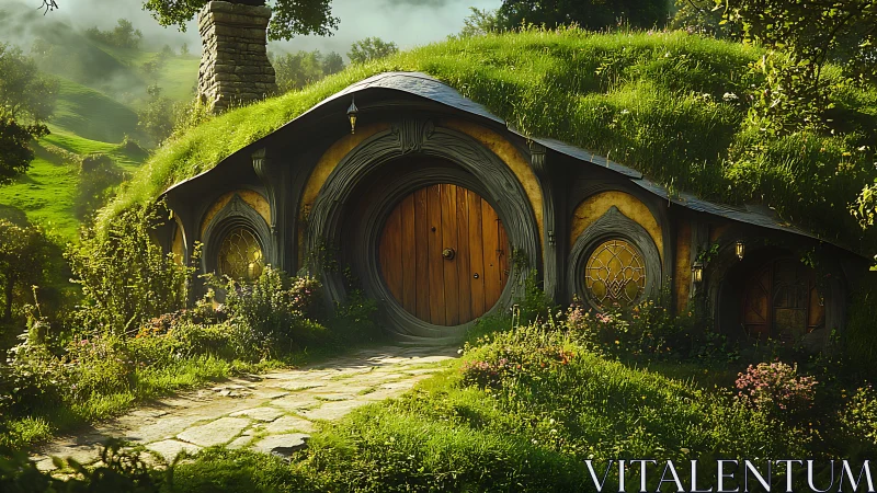 Grass-covered hillside dwelling with circular wooden doors