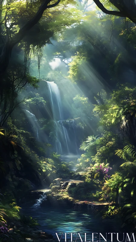 Waterfall in Dense Forest Canopy with Filtered Light.