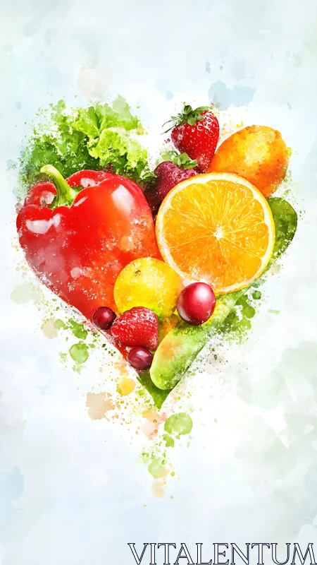 Heart-shaped burst of fresh fruits and vegetables celebrates health.