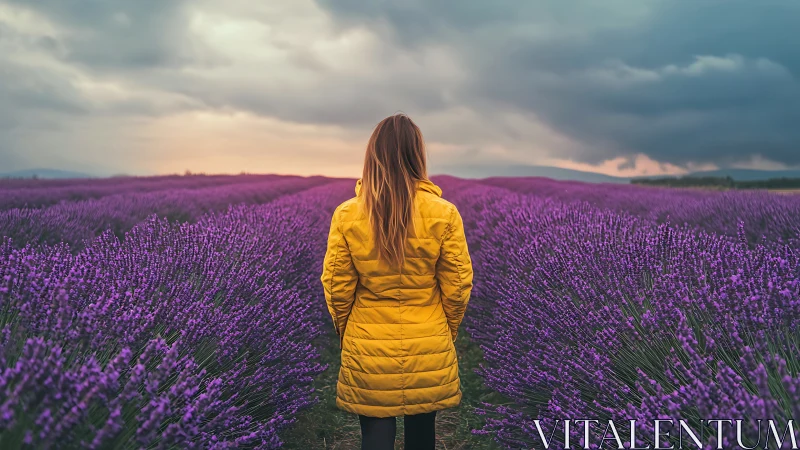 Photorealistic rear-view portrait in structured lavender field.