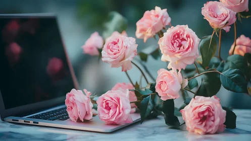 Soft pink roses drape over open laptop on marble table.