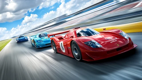 Red prototype race car leading on high speed circuit.