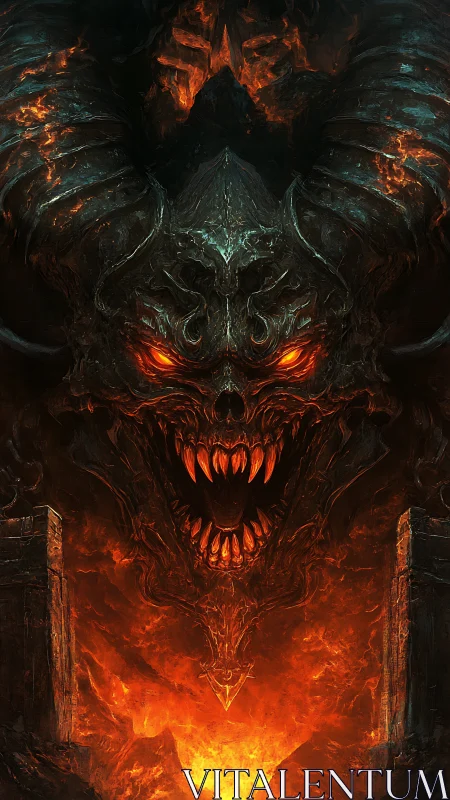 Fiery horned demon roars above molten gates of glowing lava