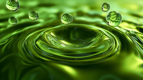 Emerald droplets ripple across glossy liquid in vivid motion