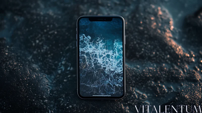 Smartphone displaying ocean waves on textured rocky surface