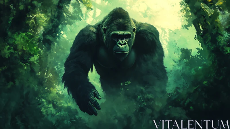 Gorilla moving through dense green jungle environment.